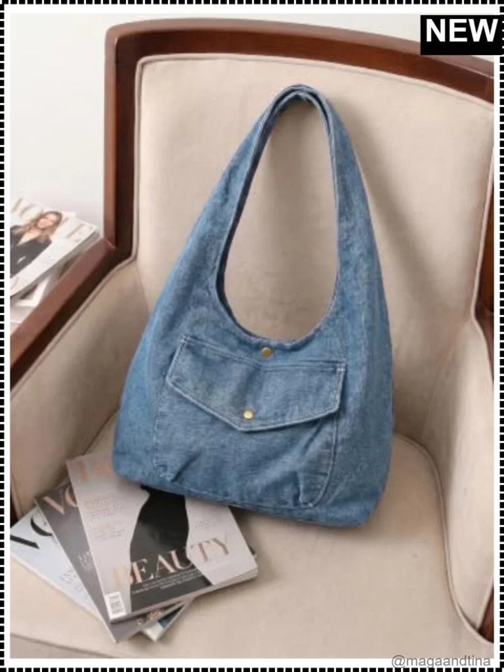 Denim Hobo Bag Large Capacity Reversible Tote Wide Strap Shoulder Purse